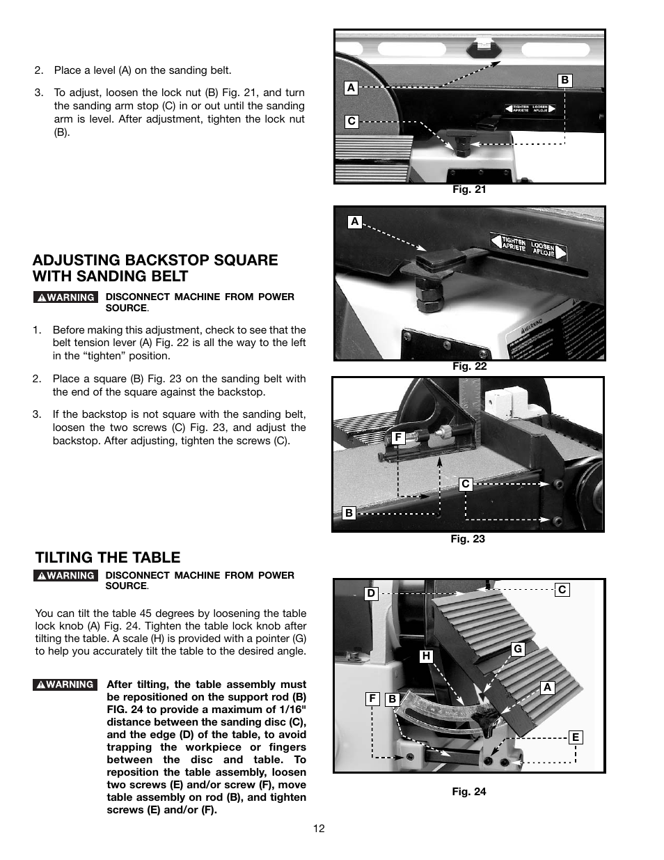 Adjusting backstop square with sanding belt, Tilting the table | Delta (Model 31-695) User Manual | Page 12 / 21