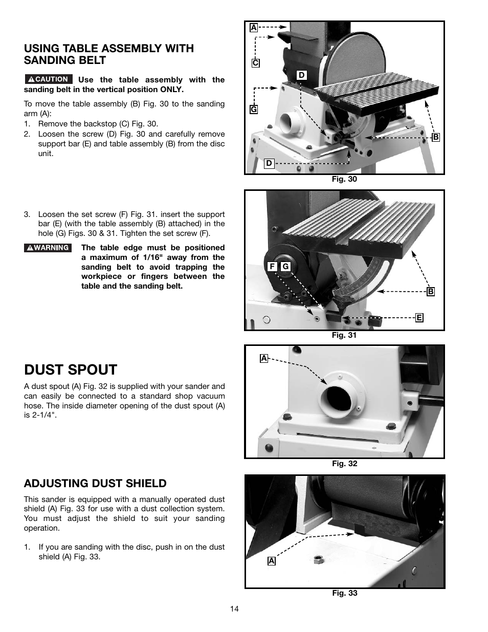 Dust spout, Using table assembly with sanding belt, Adjusting dust shield | Delta (Model 31-695) User Manual | Page 14 / 21