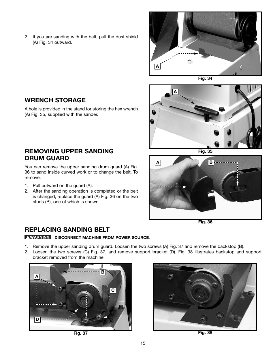 Wrench storage, Removing upper sanding drum guard, Replacing sanding belt | Delta (Model 31-695) User Manual | Page 15 / 21
