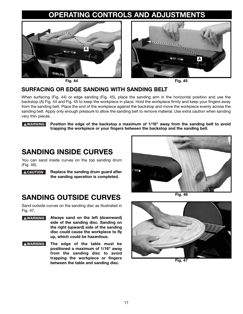 Operating controls and adjustments, Sanding inside curves, Sanding outside curves | Surfacing or edge sanding with sanding belt | Delta (Model 31-695) User Manual | Page 17 / 21