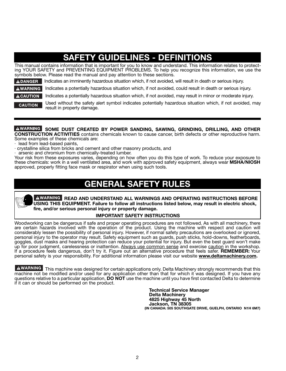 Safety guidelines - definitions, General safety rules | Delta (Model 31-695) User Manual | Page 2 / 21