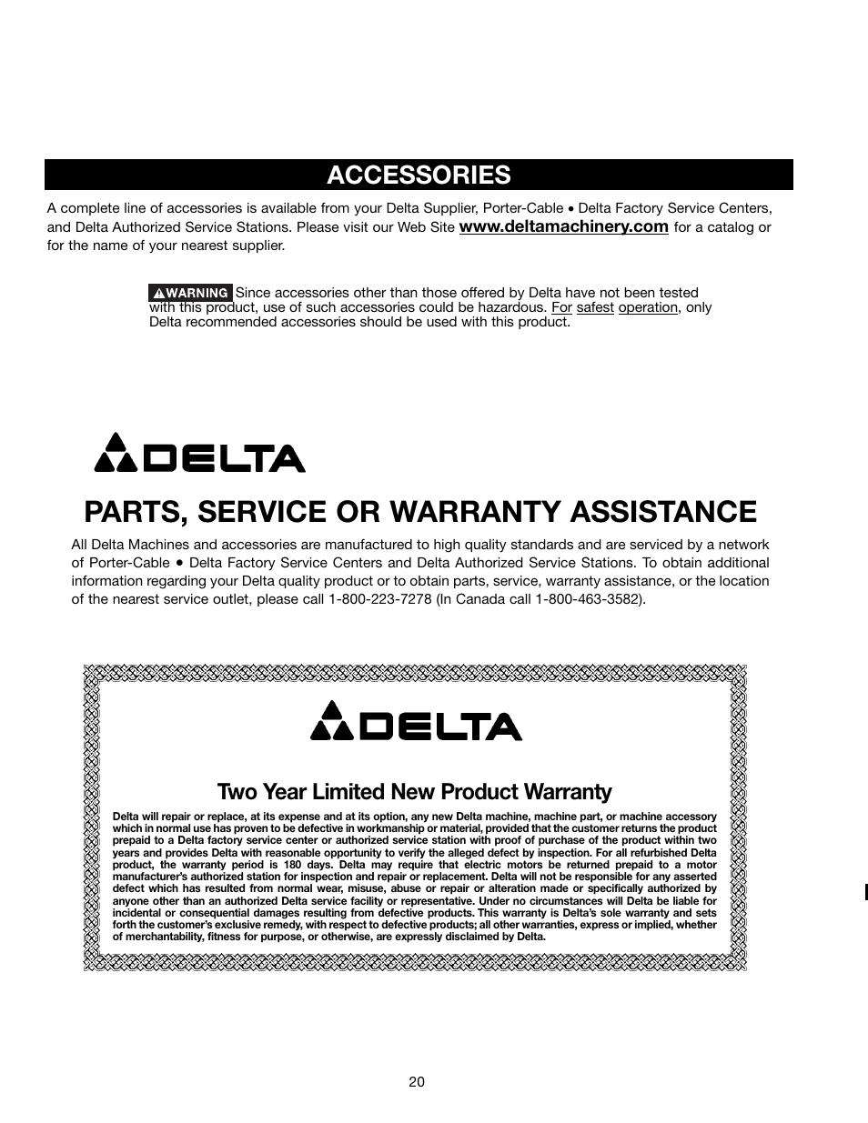 Parts, service or warranty assistance, Accessories, Two year limited new product warranty | Delta (Model 31-695) User Manual | Page 20 / 21