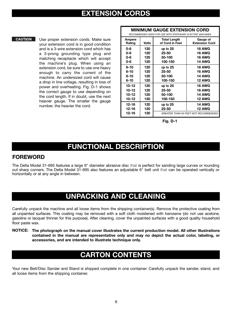 Extension cords, Functional description, Unpacking and cleaning | Carton contents, Foreword | Delta (Model 31-695) User Manual | Page 6 / 21