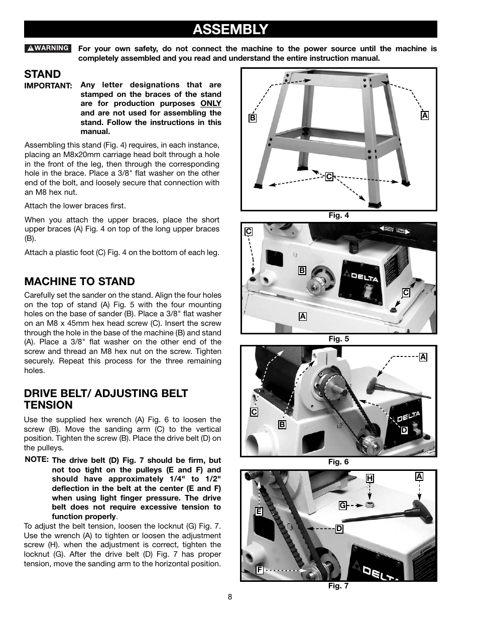 Assembly, Stand, Machine to stand | Drive belt/ adjusting belt tension | Delta (Model 31-695) User Manual | Page 8 / 21