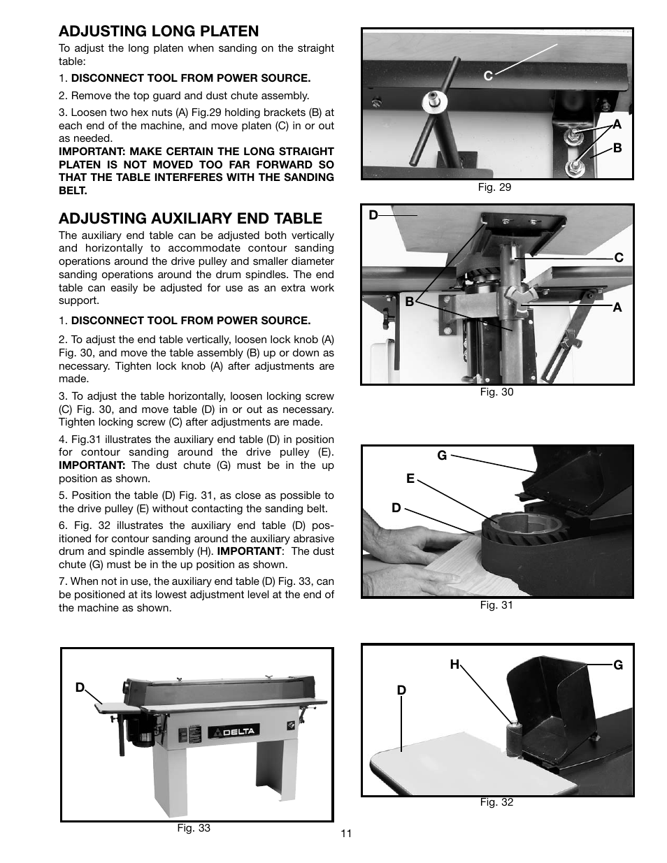 Adjusting long platen, Adjusting auxiliary end table | Delta 31-392 User Manual | Page 11 / 16