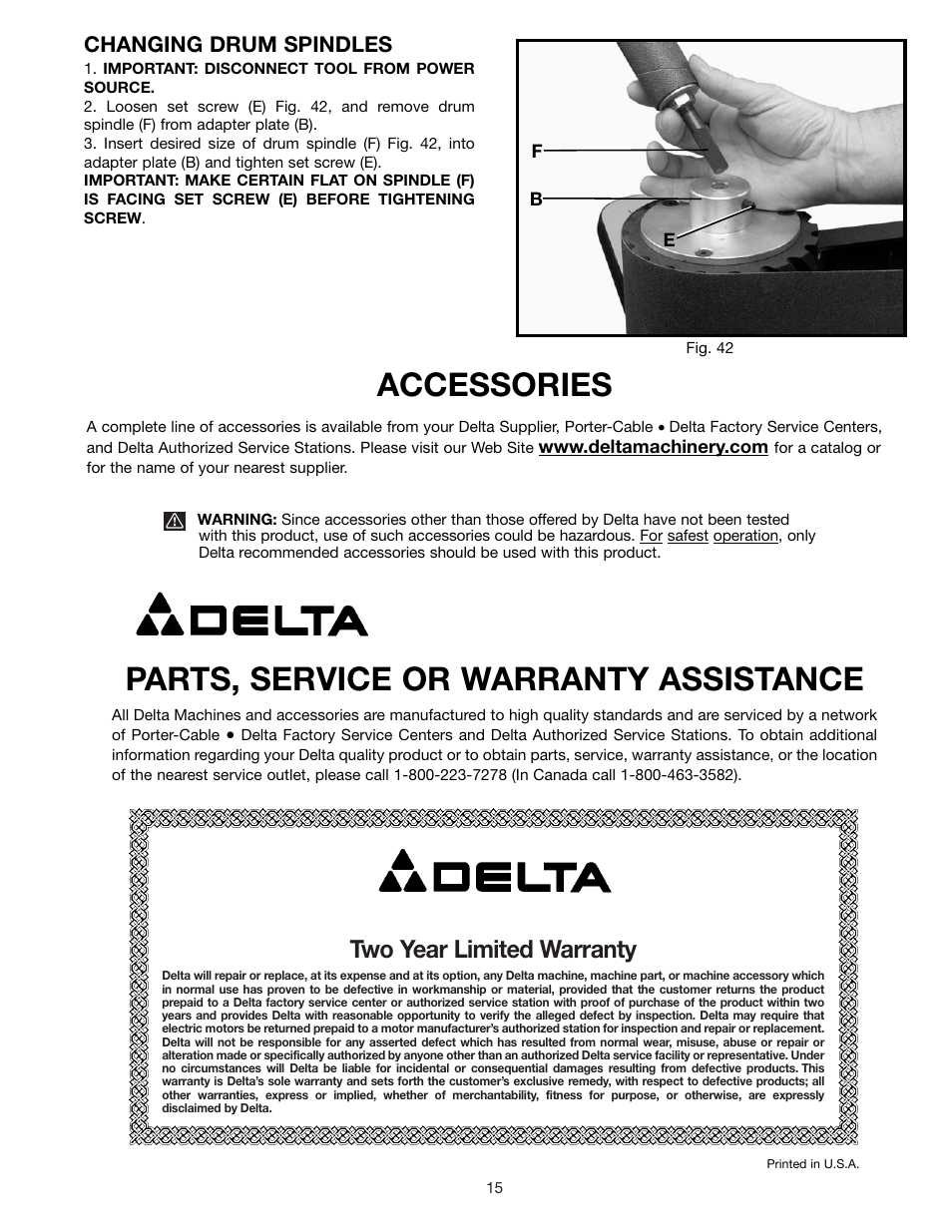 Parts, service or warranty assistance, Accessories, Two year limited warranty | Changing drum spindles | Delta 31-392 User Manual | Page 15 / 16