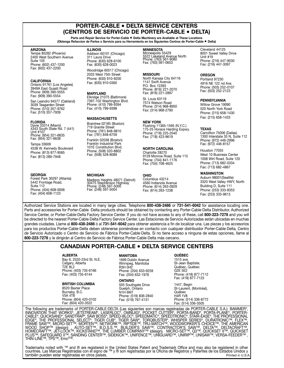 Porter-cable, Delta), Canadian porter-cable | Delta service centers | Delta 31-392 User Manual | Page 16 / 16