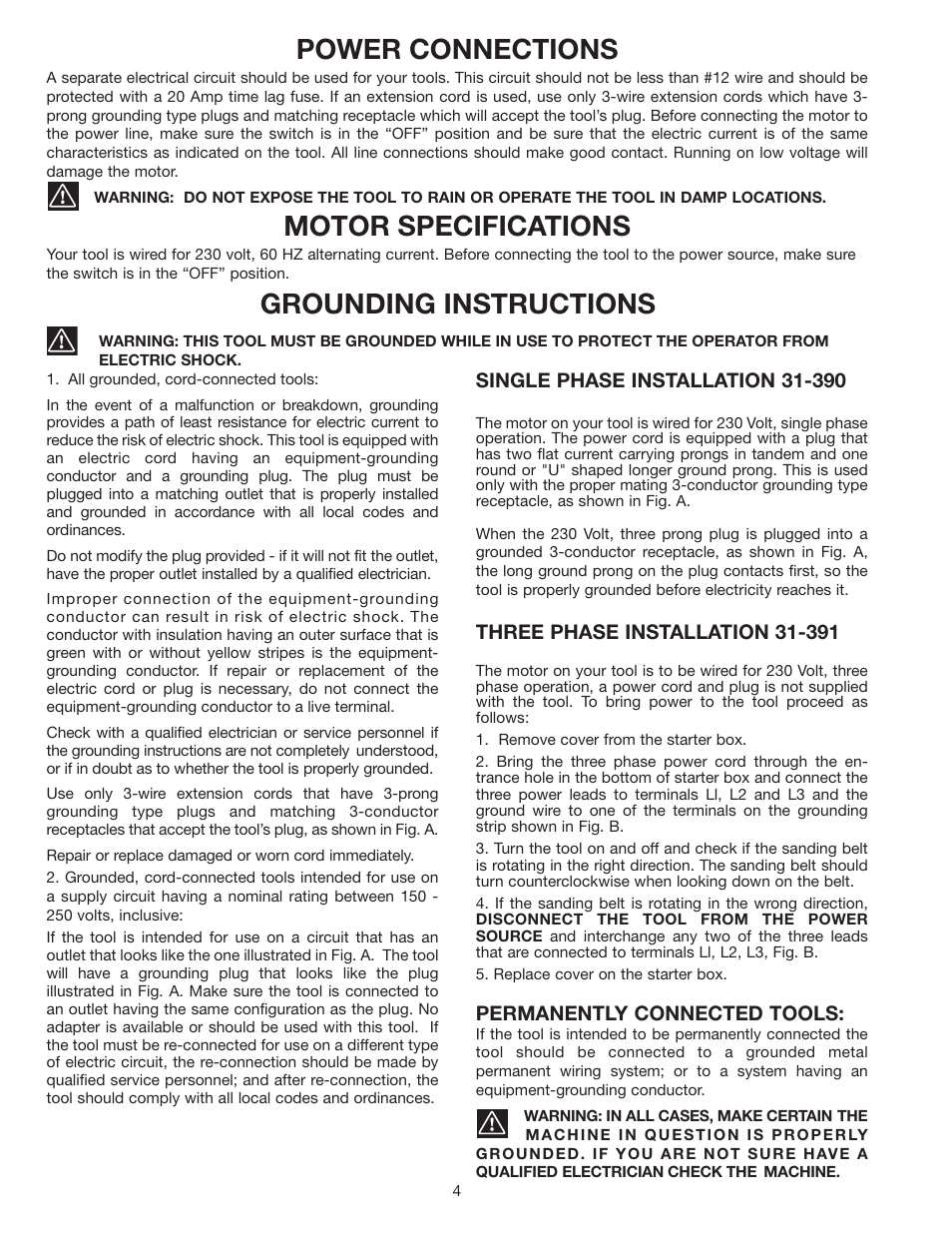 Power connections, Motor specifications, Grounding instructions | Delta 31-392 User Manual | Page 4 / 16