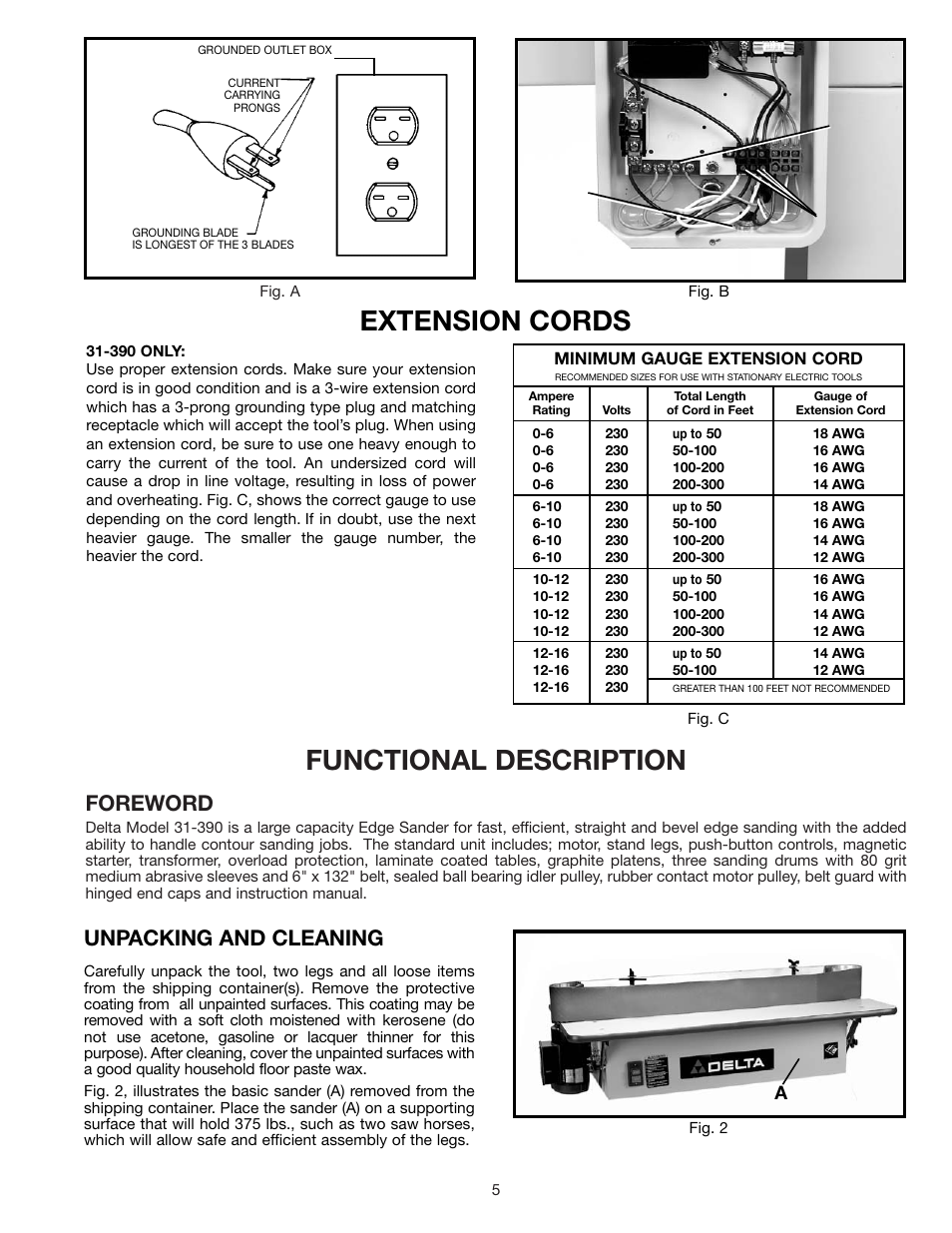 Functional description, Extension cords, Foreword | Unpacking and cleaning, Minimum gauge extension cord | Delta 31-392 User Manual | Page 5 / 16