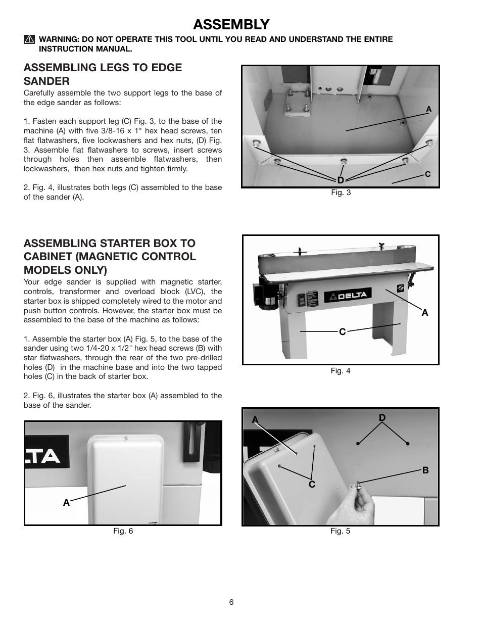 Assembly, Assembling legs to edge sander | Delta 31-392 User Manual | Page 6 / 16