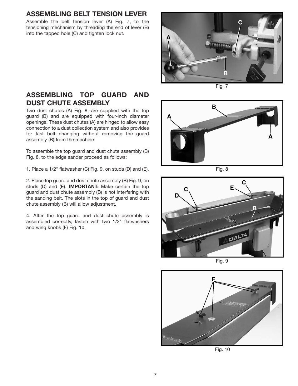 Assembling belt tension lever, Assembling top guard and dust chute assembly | Delta 31-392 User Manual | Page 7 / 16