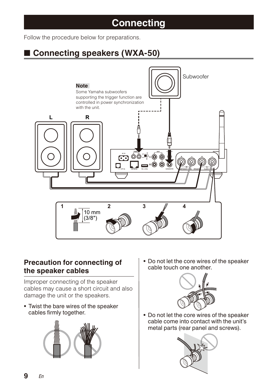 Connecting, Connecting speakers (wxa-50), Precaution for connecting of the speaker cables | Yamaha WXA-50 MusicCast Wireless Streaming Amplifier (Dark Silver) User Manual | Page 10 / 52