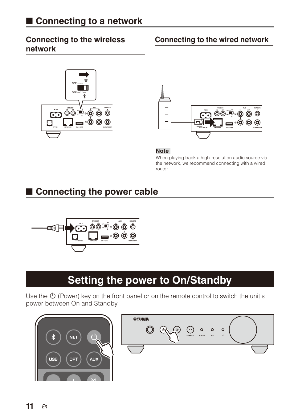 Connecting to a network, Connecting the power cable, Setting the power to on/standby | Yamaha WXA-50 MusicCast Wireless Streaming Amplifier (Dark Silver) User Manual | Page 12 / 52