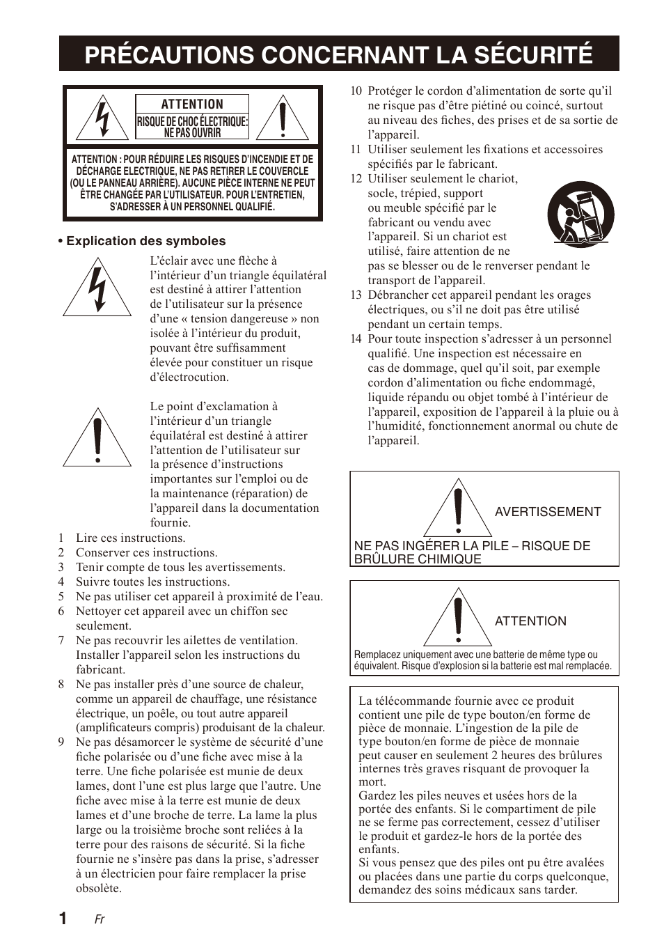 Français, Précautions concernant la sécurité | Yamaha WXA-50 MusicCast Wireless Streaming Amplifier (Dark Silver) User Manual | Page 18 / 52