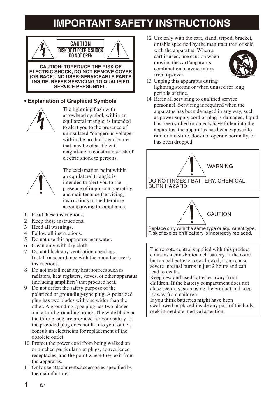 English, Important safety instructions | Yamaha WXA-50 MusicCast Wireless Streaming Amplifier (Dark Silver) User Manual | Page 2 / 52