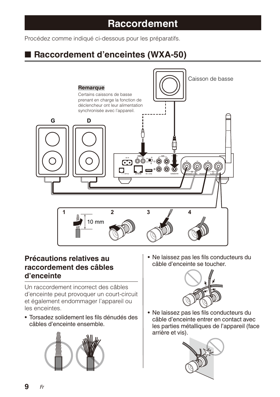 Raccordement, Raccordement d’enceintes (wxa-50) | Yamaha WXA-50 MusicCast Wireless Streaming Amplifier (Dark Silver) User Manual | Page 26 / 52