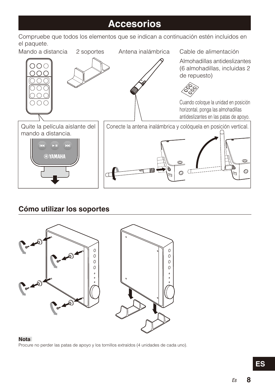 Accesorios, Cómo utilizar los soportes | Yamaha WXA-50 MusicCast Wireless Streaming Amplifier (Dark Silver) User Manual | Page 41 / 52