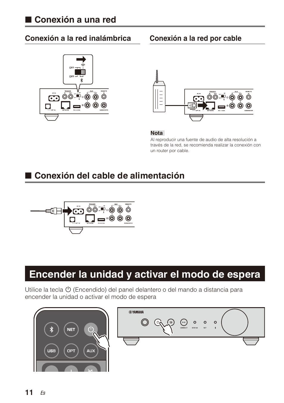 Conexión a una red, Conexión del cable de alimentación, Encender la unidad y activar el modo de espera | Yamaha WXA-50 MusicCast Wireless Streaming Amplifier (Dark Silver) User Manual | Page 44 / 52