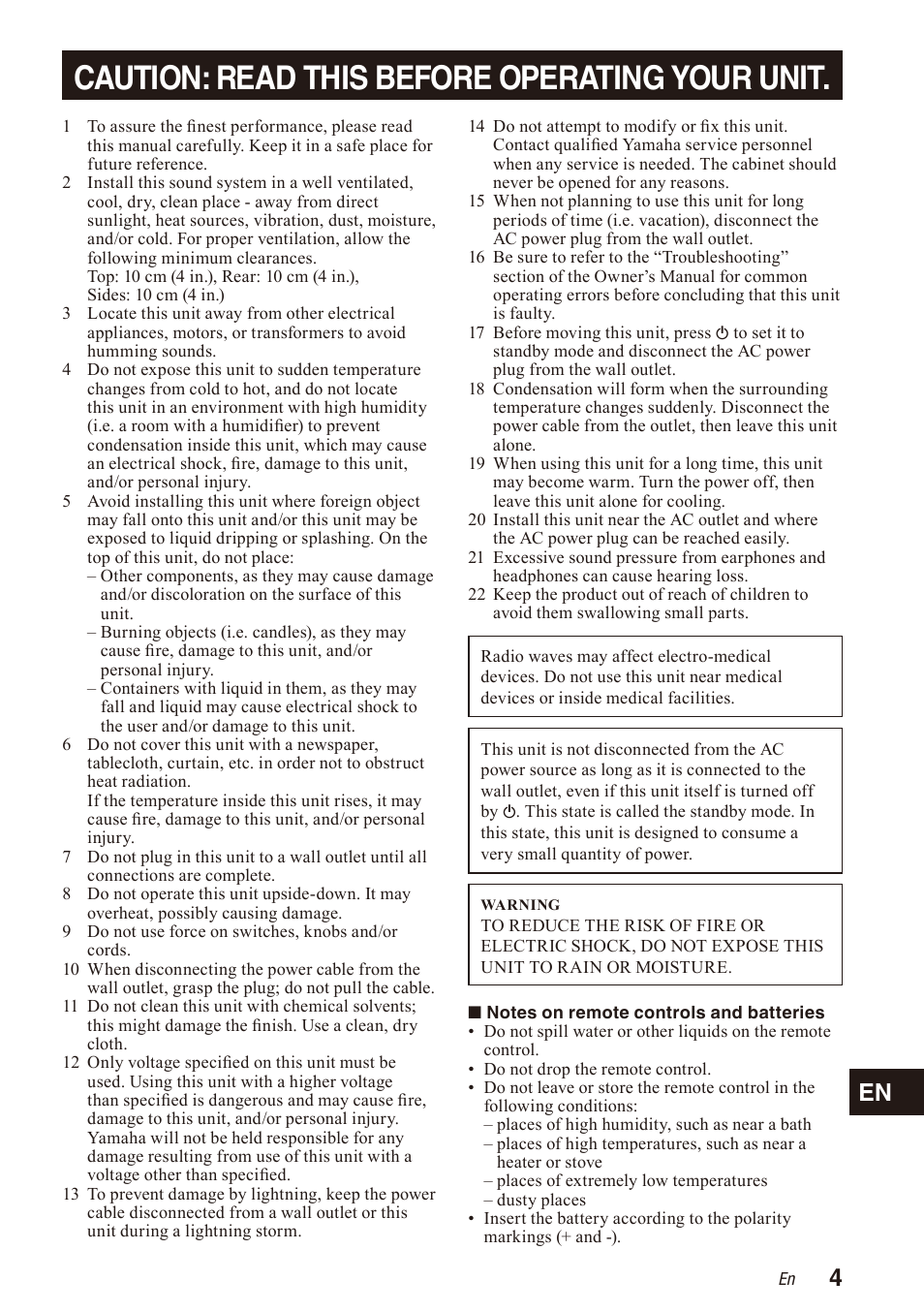 Caution: read this before operating your unit | Yamaha WXA-50 MusicCast Wireless Streaming Amplifier (Dark Silver) User Manual | Page 5 / 52