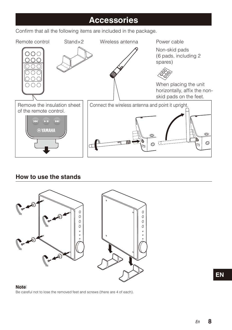 Accessories, How to use the stands | Yamaha WXA-50 MusicCast Wireless Streaming Amplifier (Dark Silver) User Manual | Page 9 / 52