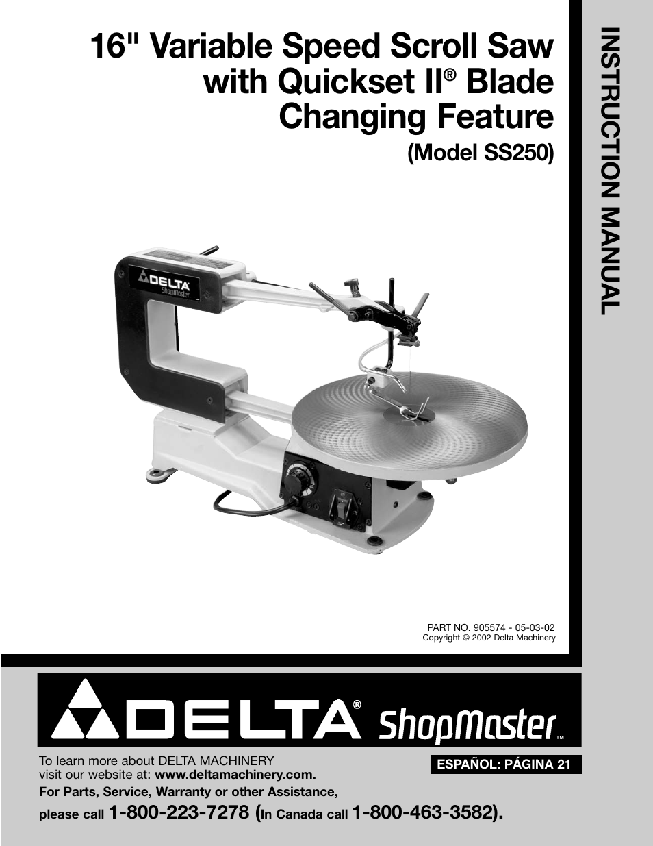 Delta SHOPMASTER SS250 User Manual | 20 pages