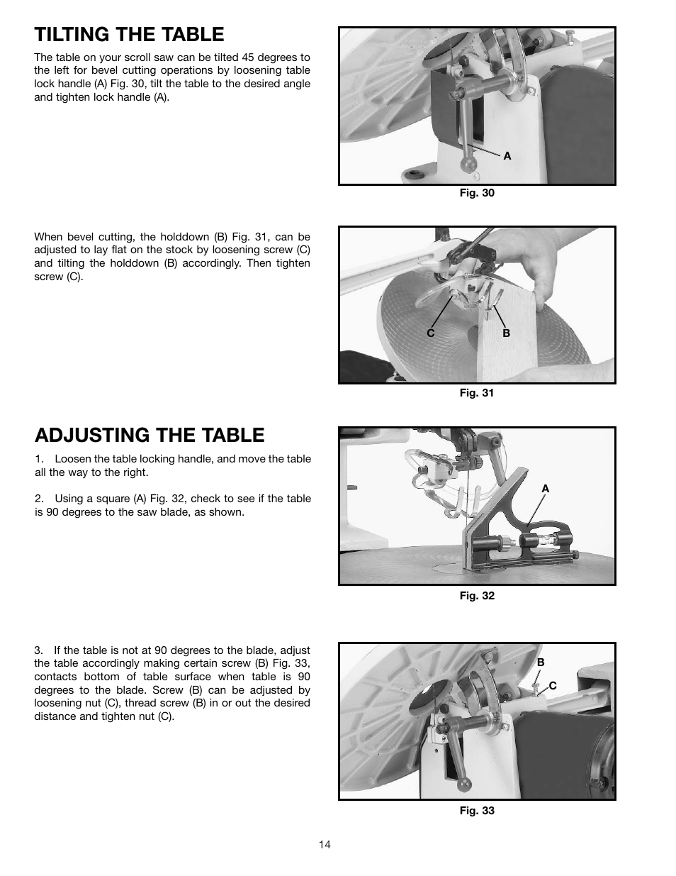 Tilting the table, Adjusting the table | Delta SHOPMASTER SS250 User Manual | Page 14 / 20
