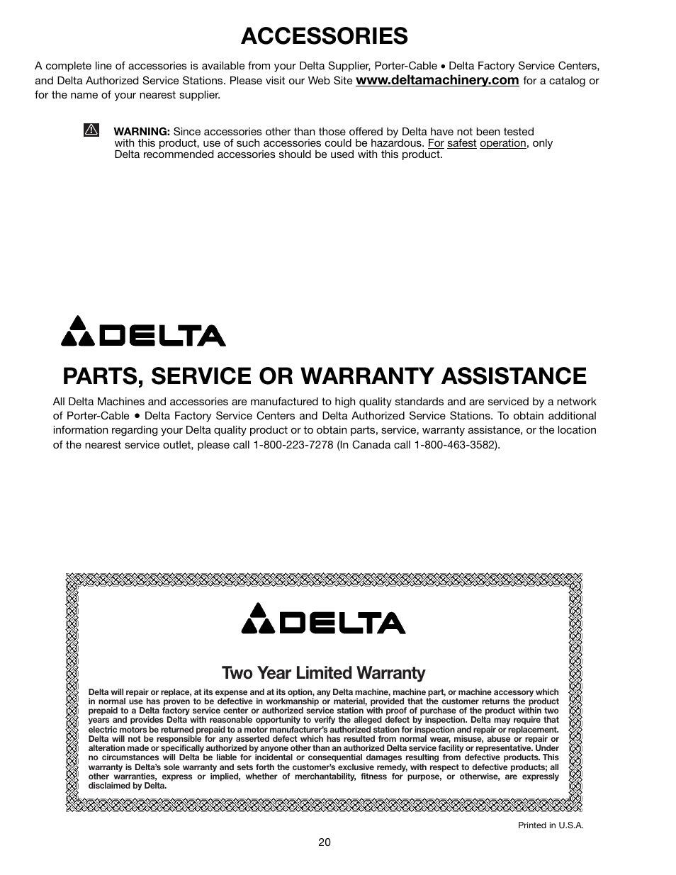 Parts, service or warranty assistance, Accessories, Two year limited warranty | Delta SHOPMASTER SS250 User Manual | Page 20 / 20