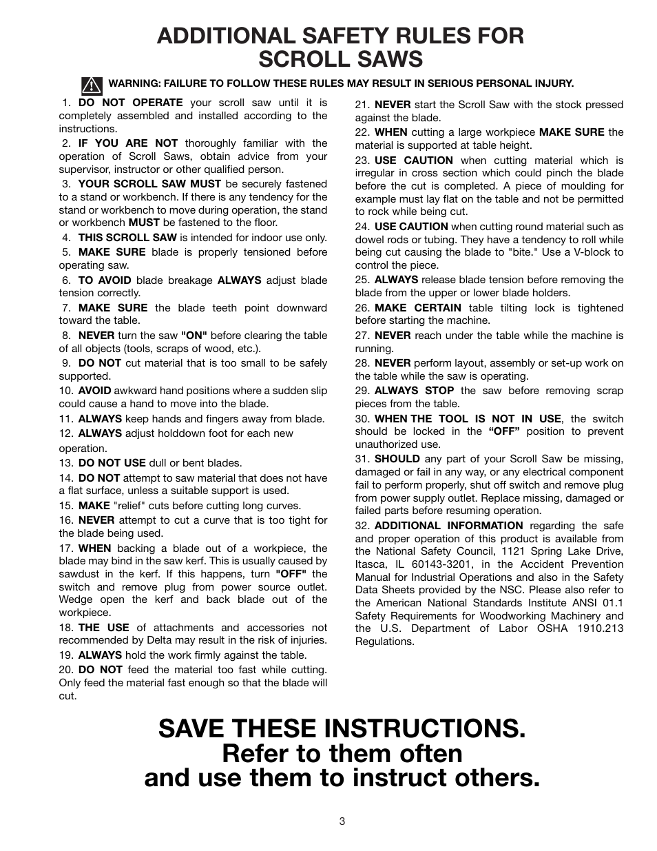 Additional safety rules for scroll saws | Delta SHOPMASTER SS250 User Manual | Page 3 / 20