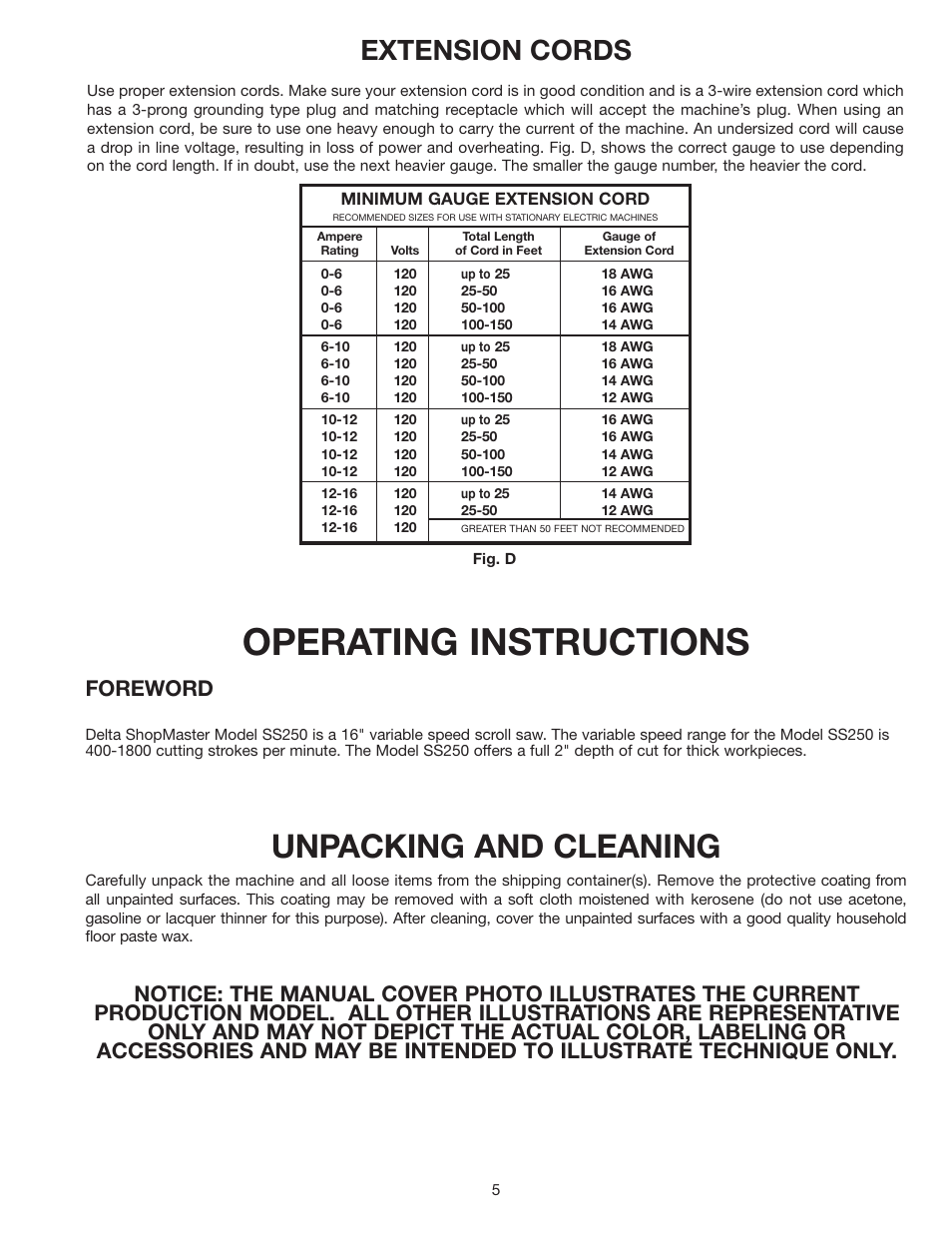 Operating instructions, Unpacking and cleaning, Extension cords | Foreword | Delta SHOPMASTER SS250 User Manual | Page 5 / 20