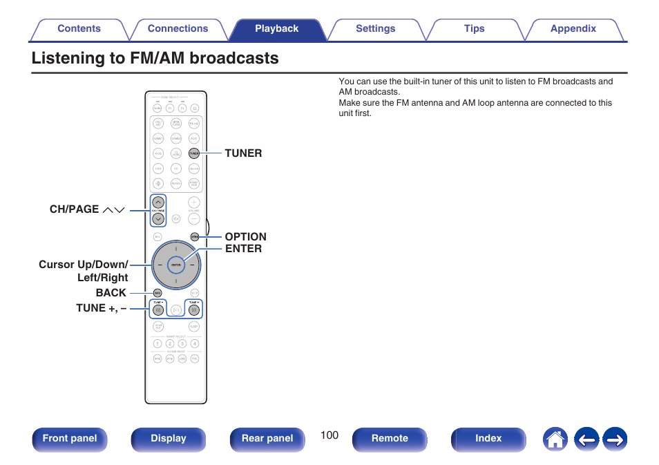 Listening to fm/am broadcasts, P. 100)) | Marantz AV 10 Reference 15.4-Channel Home Theater Preamplifier/Processor User Manual | Page 100 / 336