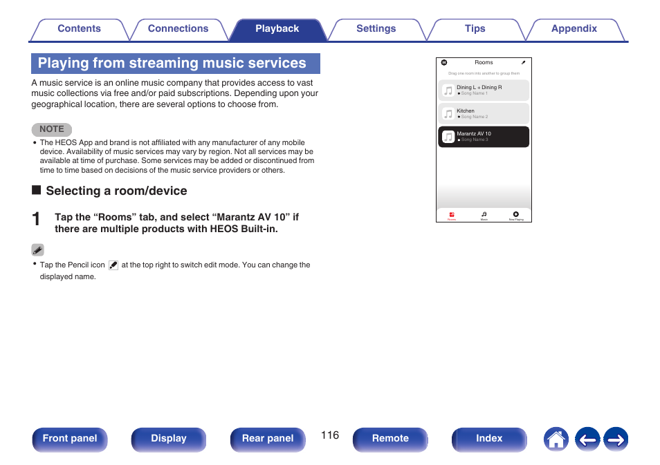 Playing from streaming music services, Oselecting a room/device | Marantz AV 10 Reference 15.4-Channel Home Theater Preamplifier/Processor User Manual | Page 116 / 336