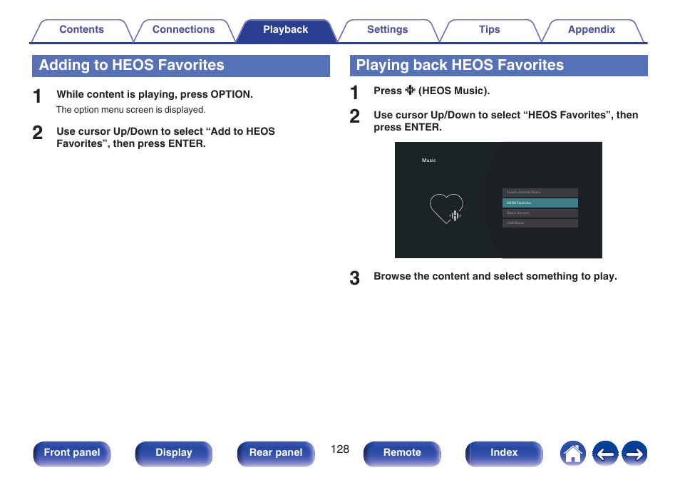 Adding to heos favorites, Playing back heos favorites, Adding to | Heos favorites, P. 128) | Marantz AV 10 Reference 15.4-Channel Home Theater Preamplifier/Processor User Manual | Page 128 / 336
