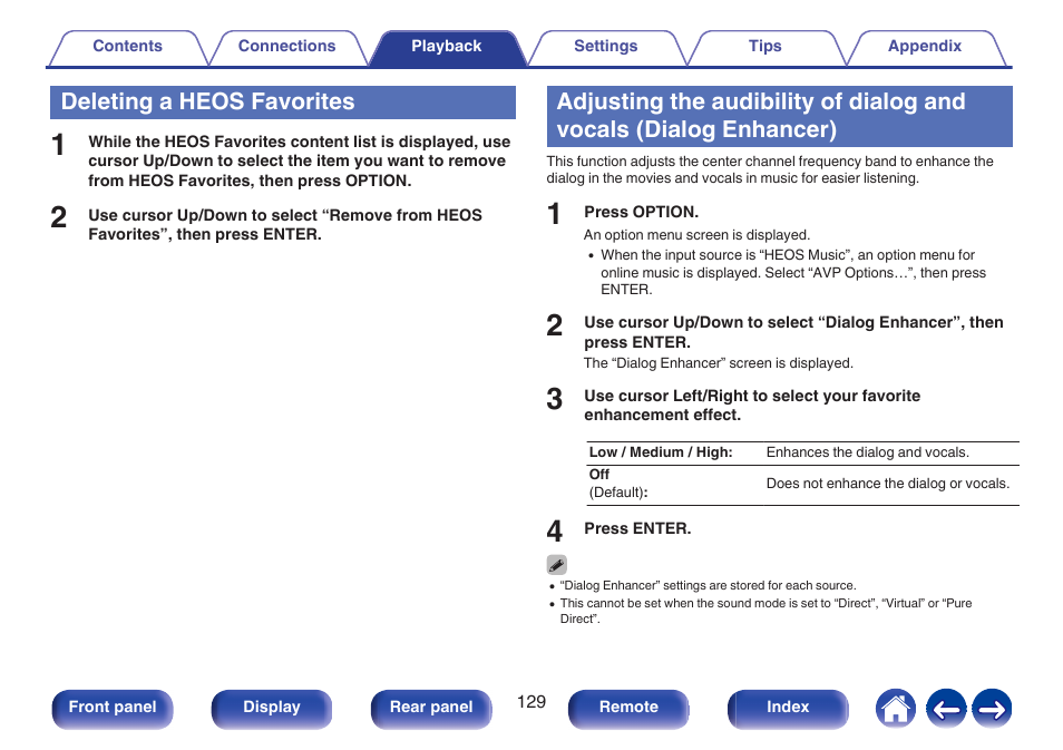 Deleting a heos favorites, Enhancer), P. 129) | Marantz AV 10 Reference 15.4-Channel Home Theater Preamplifier/Processor User Manual | Page 129 / 336
