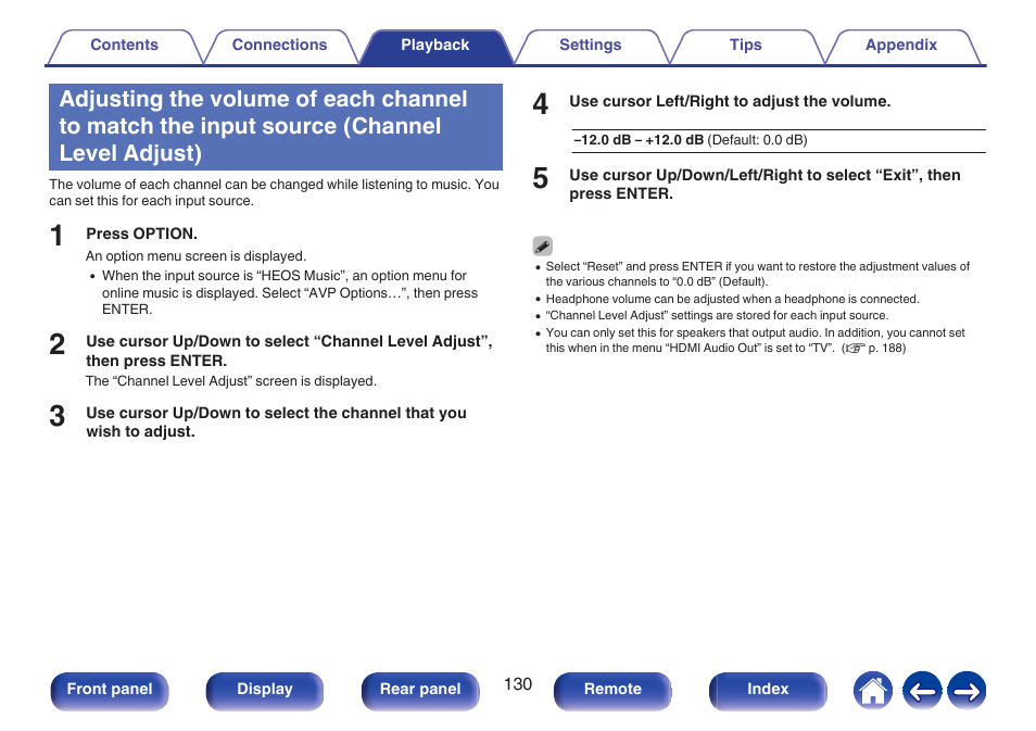 Channel level adjust), P. 130) | Marantz AV 10 Reference 15.4-Channel Home Theater Preamplifier/Processor User Manual | Page 130 / 336