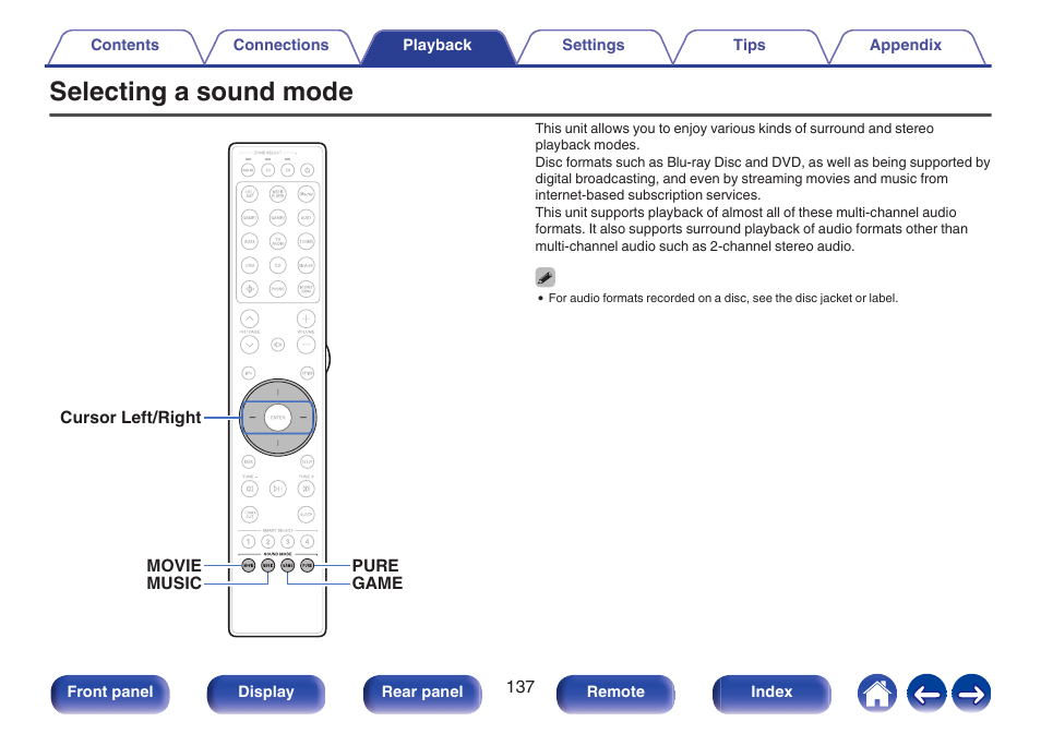 Selecting a sound mode, P. 137), Surround playback | Marantz AV 10 Reference 15.4-Channel Home Theater Preamplifier/Processor User Manual | Page 137 / 336