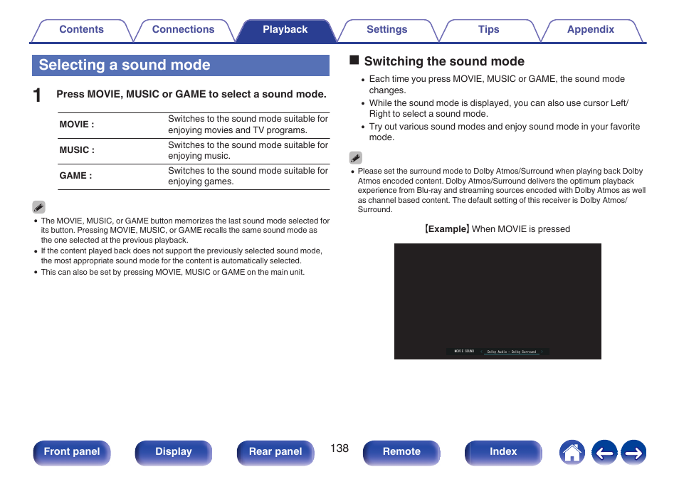 Selecting a sound mode, Oswitching the sound mode | Marantz AV 10 Reference 15.4-Channel Home Theater Preamplifier/Processor User Manual | Page 138 / 336