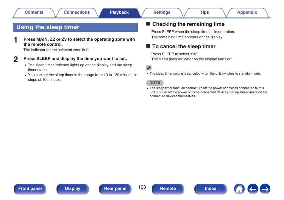 Using the sleep timer | Marantz AV 10 Reference 15.4-Channel Home Theater Preamplifier/Processor User Manual | Page 153 / 336