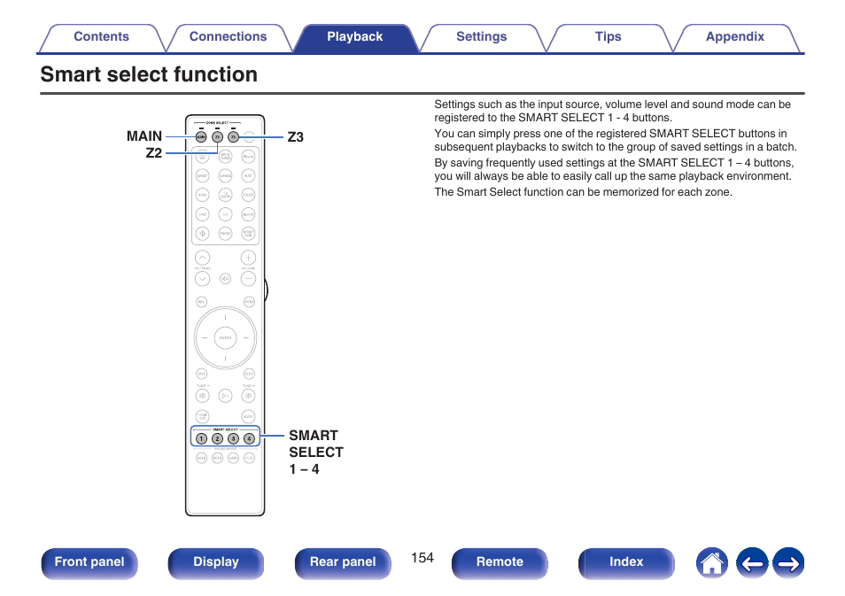 Smart select function, Volume level and sound mode settings, P. 154) | Marantz AV 10 Reference 15.4-Channel Home Theater Preamplifier/Processor User Manual | Page 154 / 336