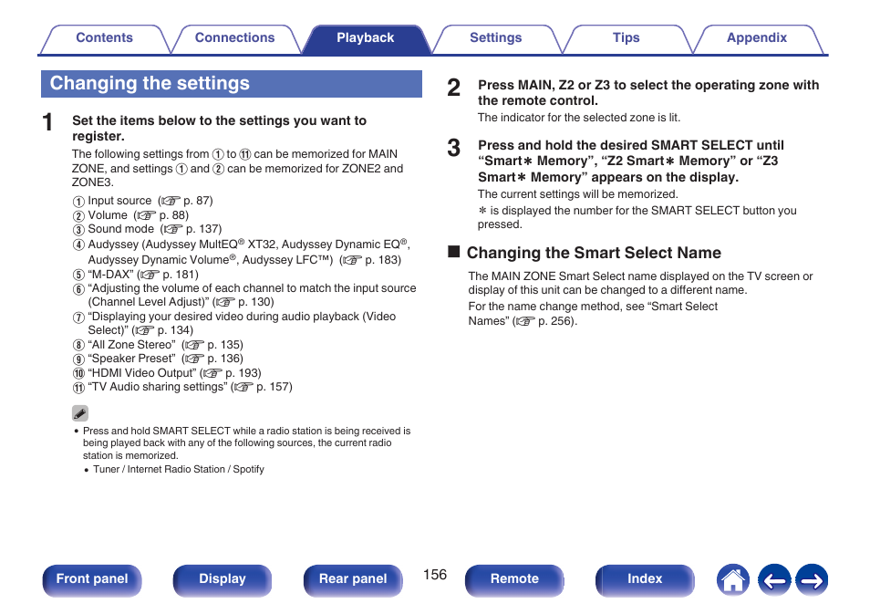 Changing the settings, See “changing the settings, P. 156) | Ochanging the smart select name | Marantz AV 10 Reference 15.4-Channel Home Theater Preamplifier/Processor User Manual | Page 156 / 336