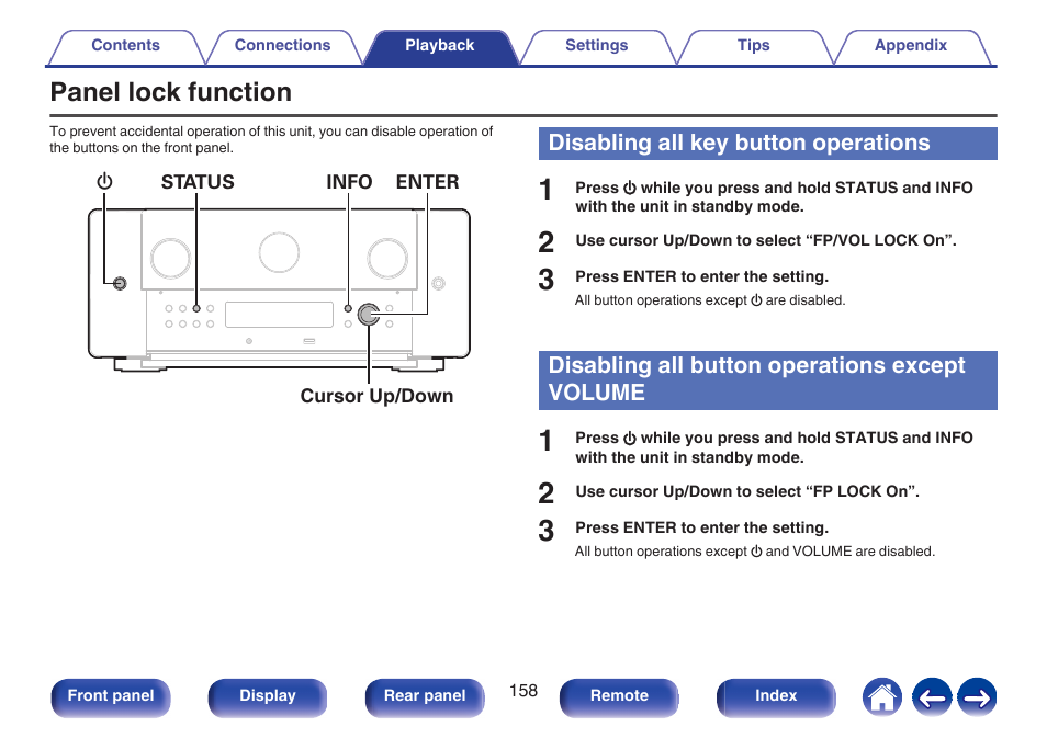 Panel lock function, Disabling all key button operations, Disabling all button operations except volume | Marantz AV 10 Reference 15.4-Channel Home Theater Preamplifier/Processor User Manual | Page 158 / 336