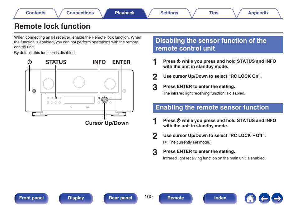 Remote lock function, Enabling the remote sensor function, P. 160) | Marantz AV 10 Reference 15.4-Channel Home Theater Preamplifier/Processor User Manual | Page 160 / 336