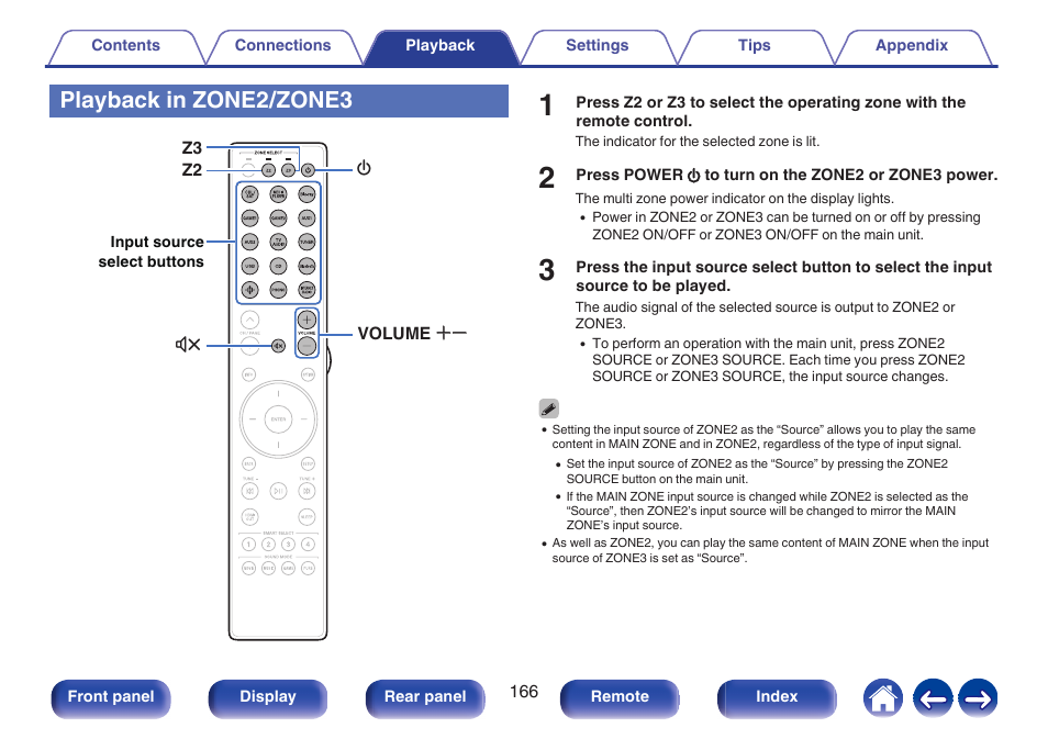 Playback in zone2/zone3, This turns the power of zone2 on/off, P. 166) | This selects the input source for zone2, This turns the power of zone3 on/off, This selects the input source for zone3, Power is turned on | Marantz AV 10 Reference 15.4-Channel Home Theater Preamplifier/Processor User Manual | Page 166 / 336