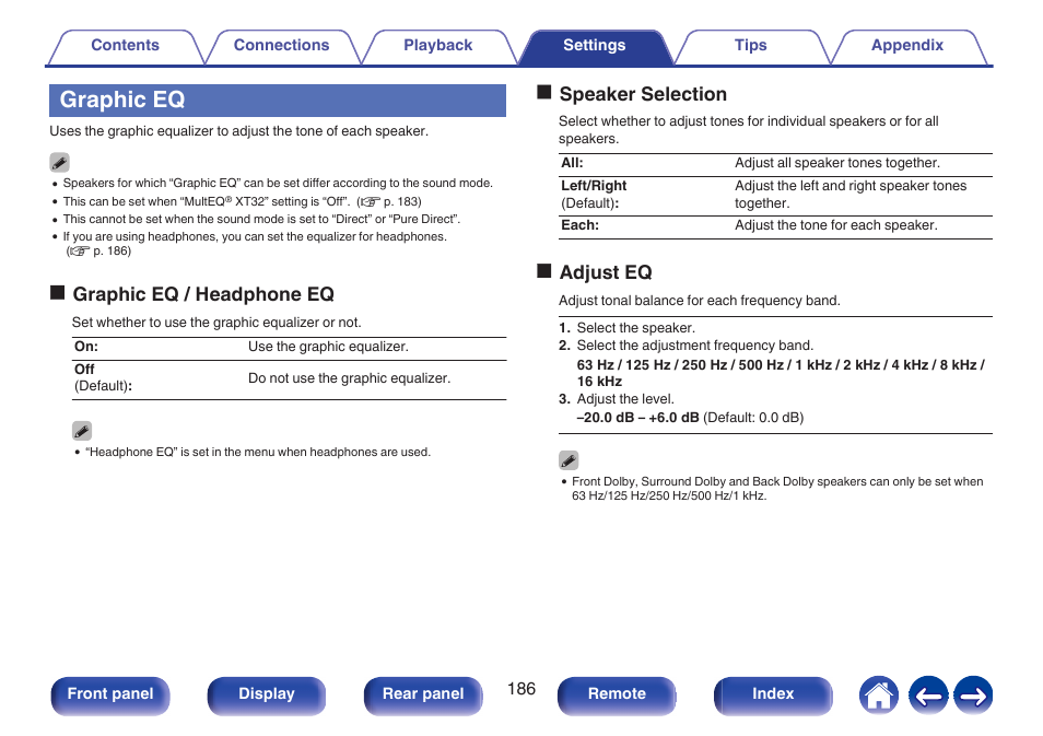 Graphic eq, P. 186), Ographic eq / headphone eq | Ospeaker selection, Oadjust eq | Marantz AV 10 Reference 15.4-Channel Home Theater Preamplifier/Processor User Manual | Page 186 / 336