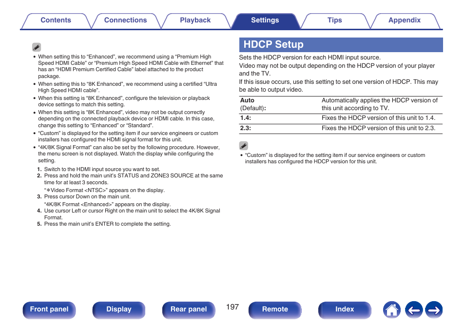 Hdcp setup | Marantz AV 10 Reference 15.4-Channel Home Theater Preamplifier/Processor User Manual | Page 197 / 336