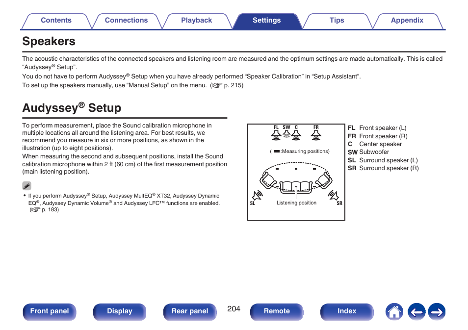 Speakers, Audyssey® setup, Audyssey | Setup, Medium, P. 204) | Marantz AV 10 Reference 15.4-Channel Home Theater Preamplifier/Processor User Manual | Page 204 / 336