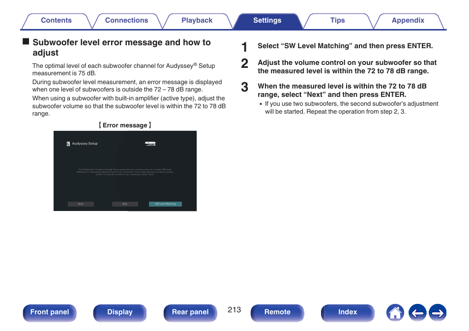P. 213), Osubwoofer level error message and how to adjust | Marantz AV 10 Reference 15.4-Channel Home Theater Preamplifier/Processor User Manual | Page 213 / 336