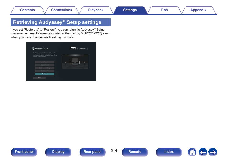Retrieving audyssey® setup settings, Retrieving audyssey, Setup settings | Front panel display rear panel remote index | Marantz AV 10 Reference 15.4-Channel Home Theater Preamplifier/Processor User Manual | Page 214 / 336