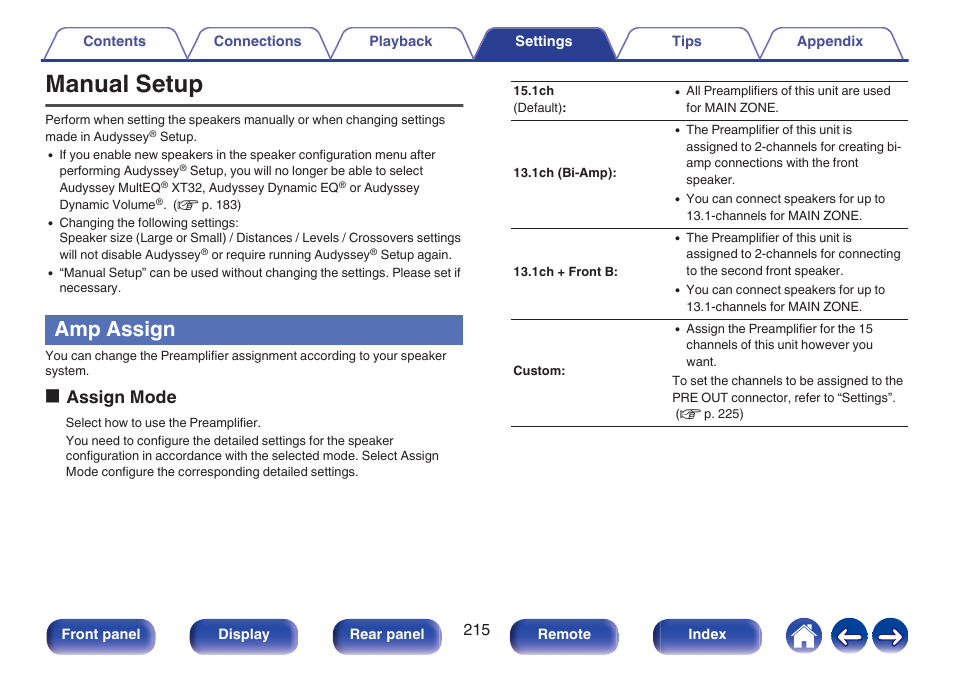 Manual setup, Amp assign, P. 215) | On the menu, P. 215)), Oassign mode | Marantz AV 10 Reference 15.4-Channel Home Theater Preamplifier/Processor User Manual | Page 215 / 336
