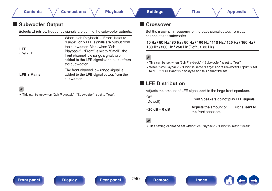 Osubwoofer output, Ocrossover, Olfe distribution | Marantz AV 10 Reference 15.4-Channel Home Theater Preamplifier/Processor User Manual | Page 240 / 336