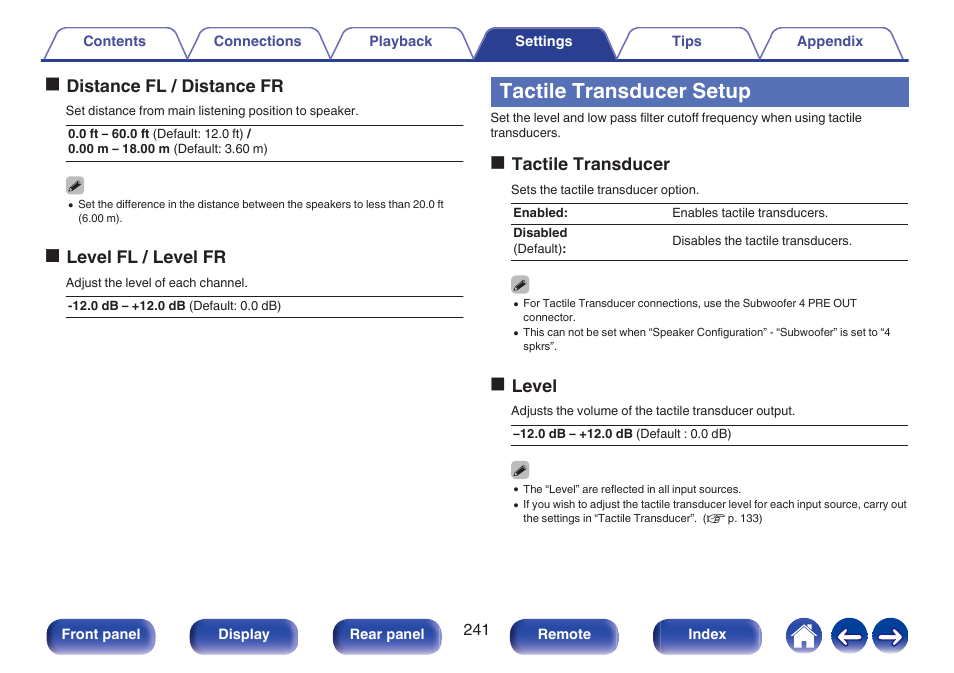 Tactile transducer setup, Odistance fl / distance fr, Olevel fl / level fr | Otactile transducer, Olevel | Marantz AV 10 Reference 15.4-Channel Home Theater Preamplifier/Processor User Manual | Page 241 / 336